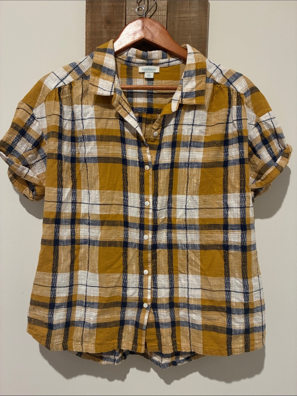 Sundance Mustard Plaid Button-Front Short Sleeve Top